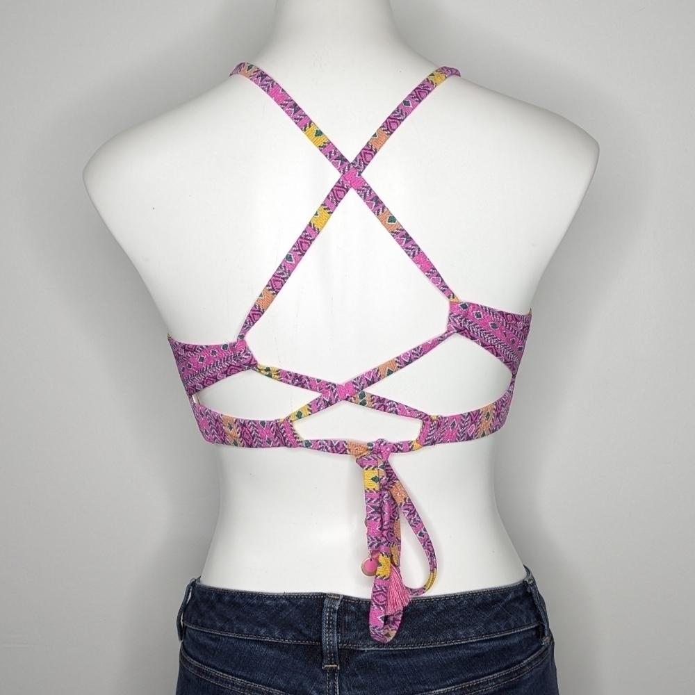 NWT Jessica Simpson pink yellow geometric v neck tie back bikini top L - Picture 4 of 9